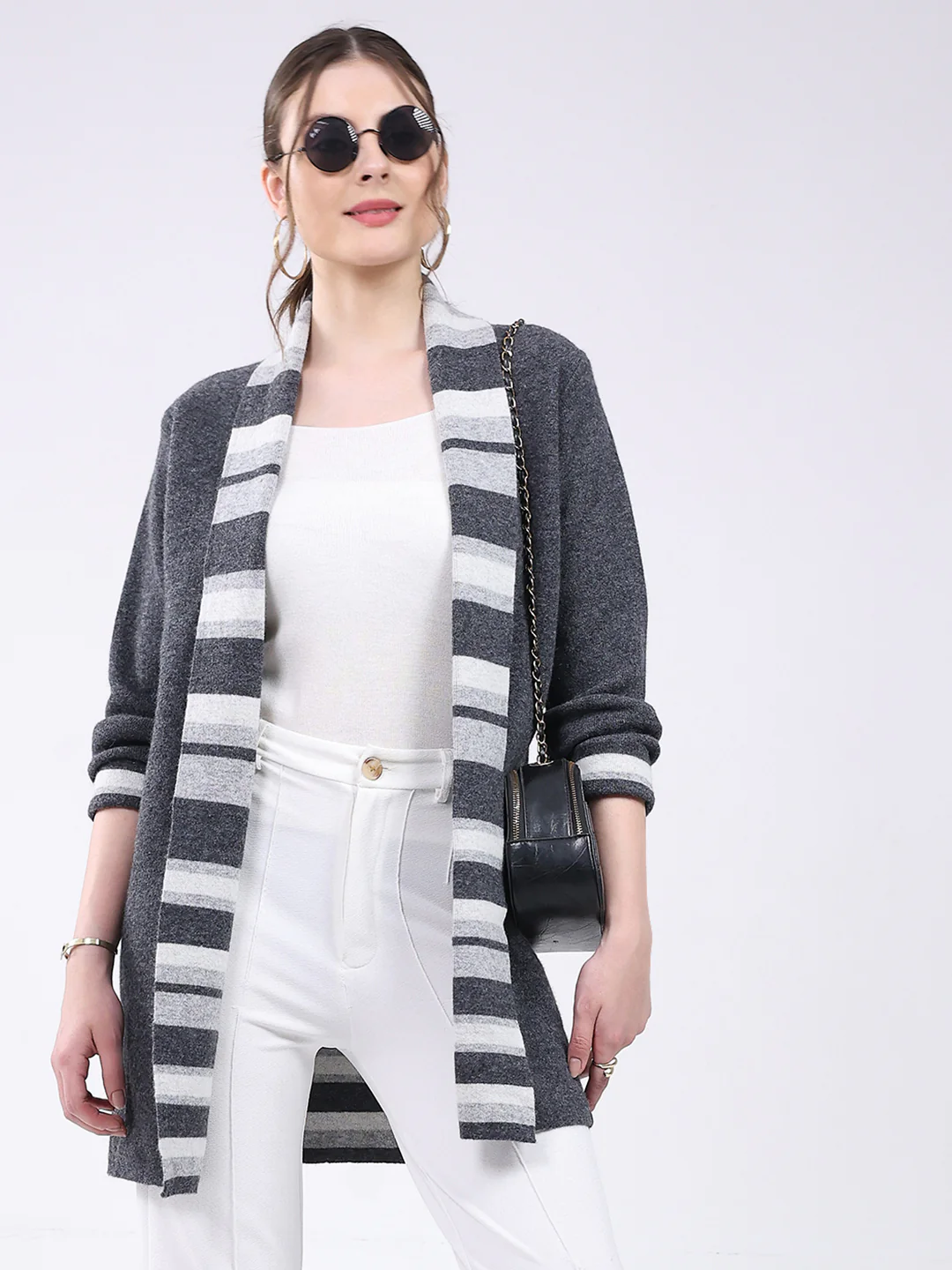 Women Grey Self Design Notch Lapel Collar Full Sleeve Cardigan - Image 6