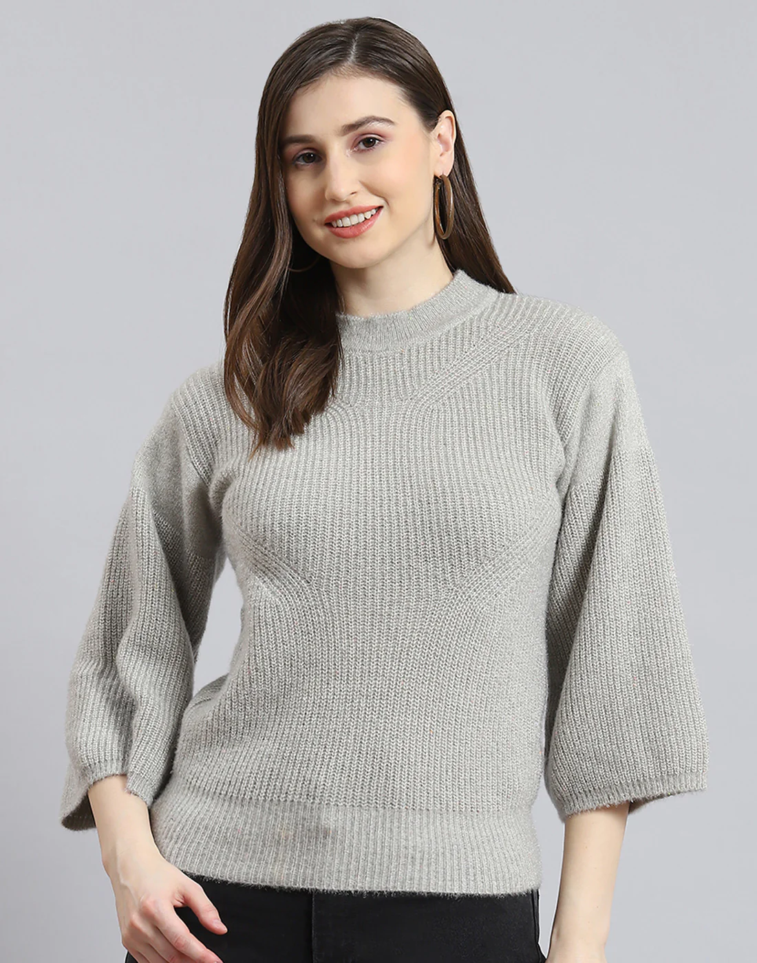 Women Grey Self Design Round Neck 3/4th Sleeve Sweater - Image 2