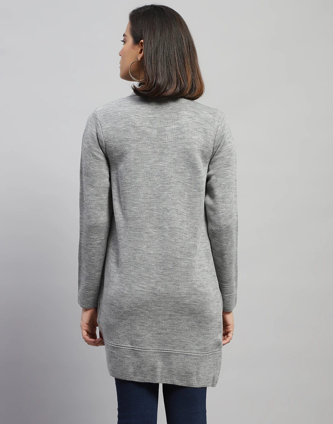 Women Grey Self Design Round Neck Full Sleeve Cardigan - Image 5