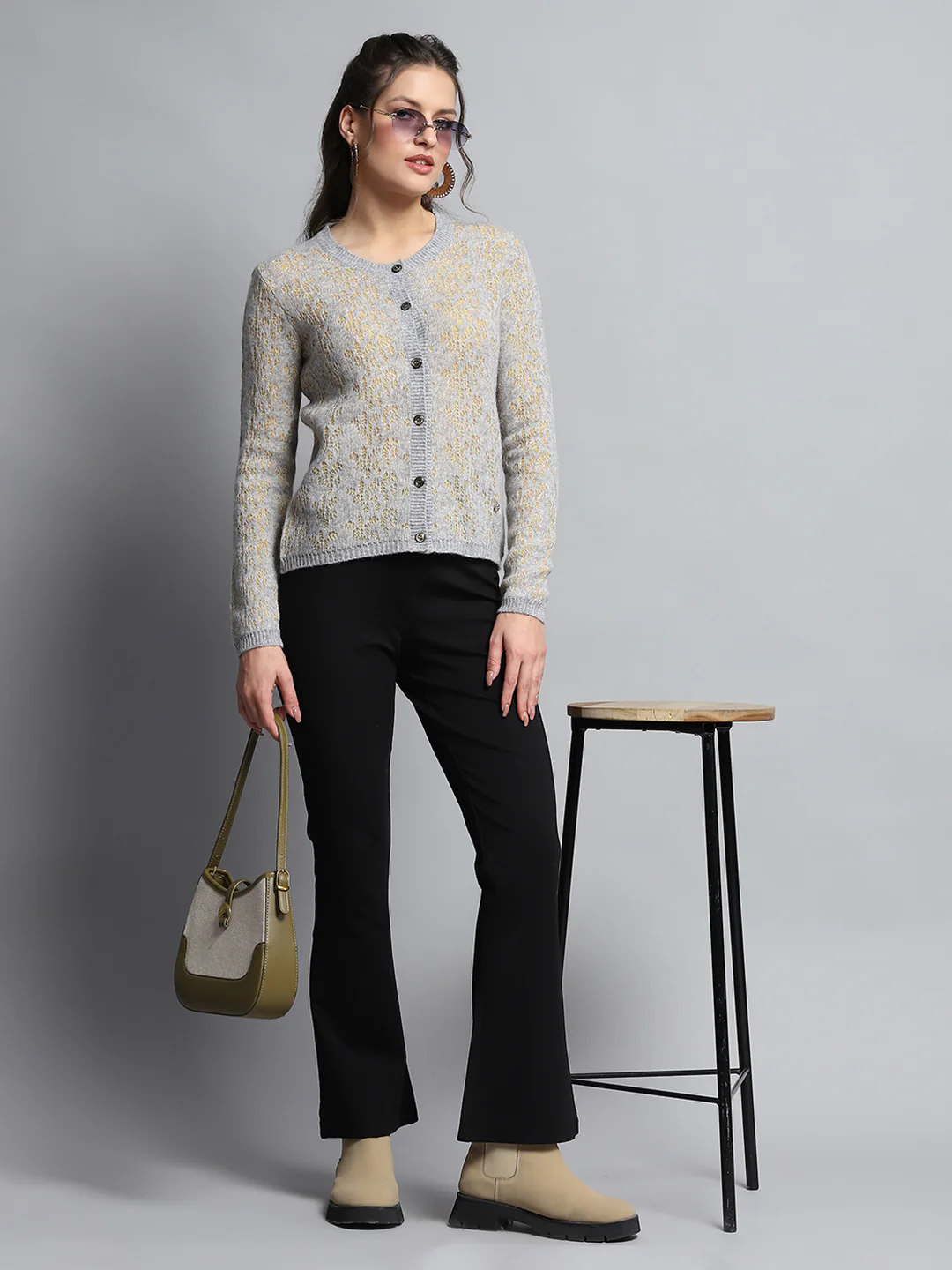 Women Grey Self Design Round Neck Full Sleeve Cardigan - Image 2