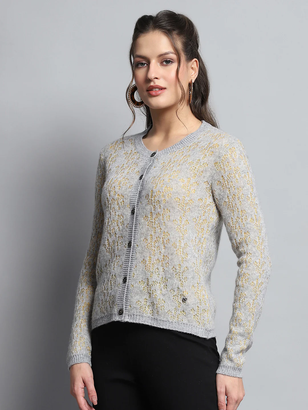 Women Grey Self Design Round Neck Full Sleeve Cardigan - Image 3