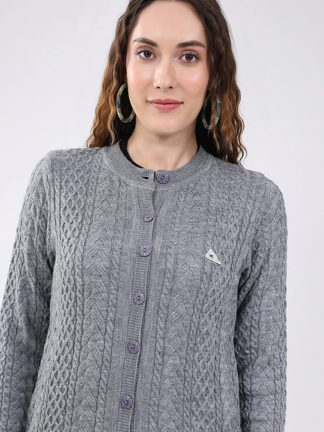 Women Grey Self Design Round Neck Full Sleeve Cardigan - Image 6
