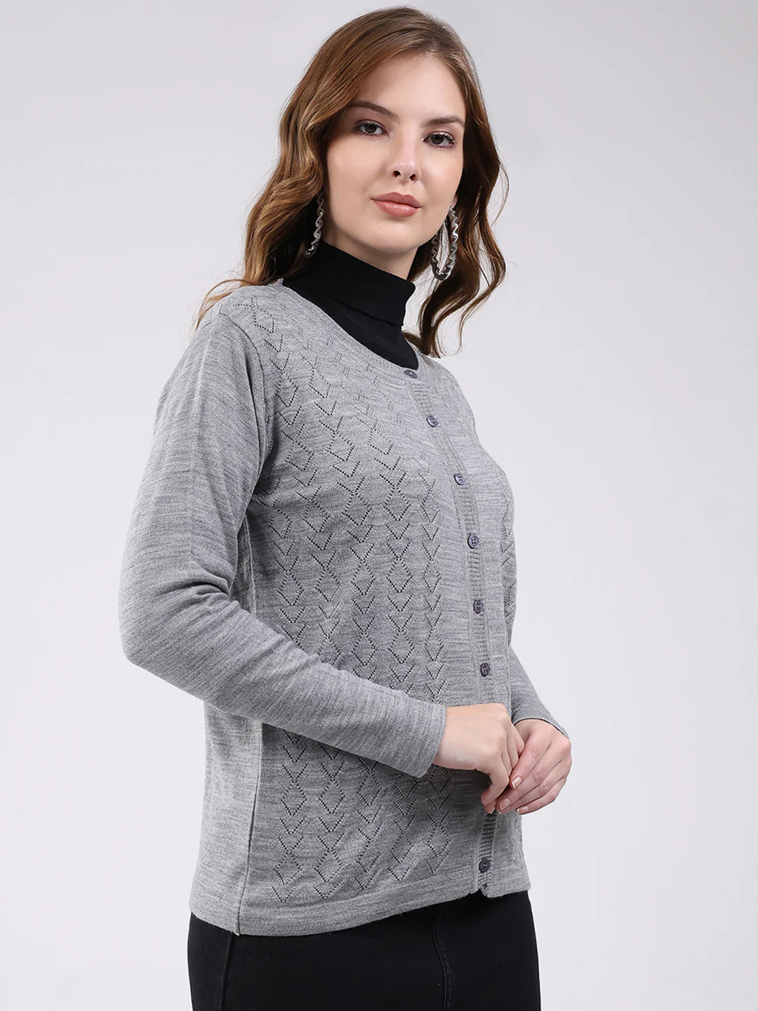 Women Grey Self Design Round Neck Full Sleeve Cardigan - Image 4
