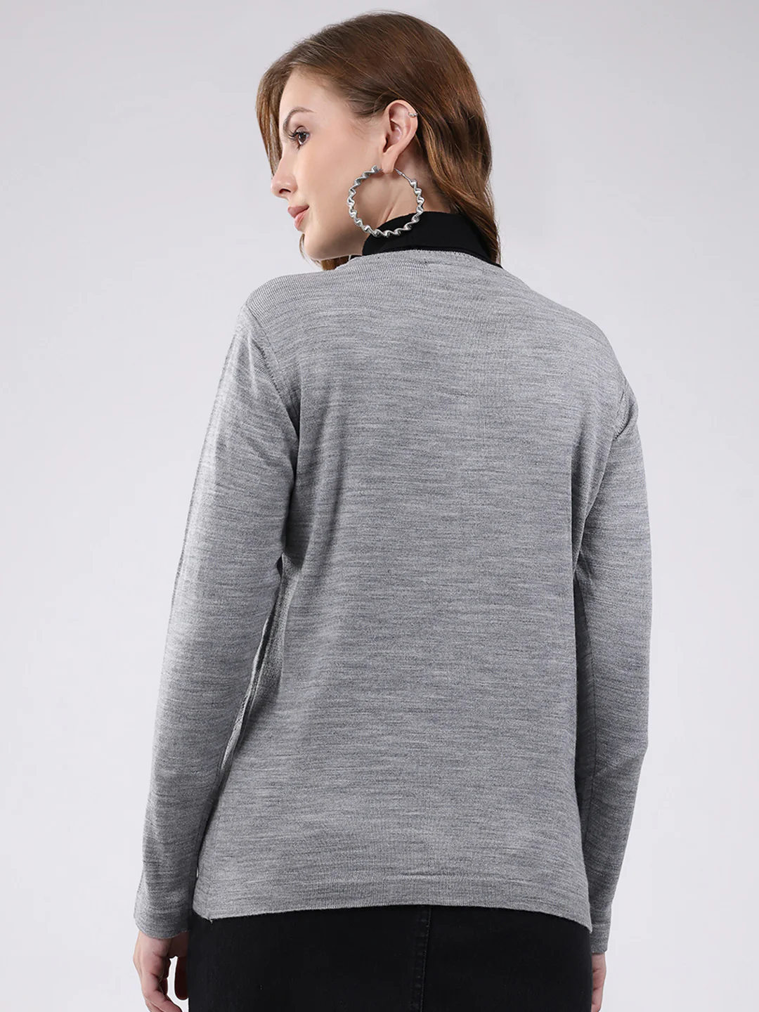 Women Grey Self Design Round Neck Full Sleeve Cardigan - Image 5