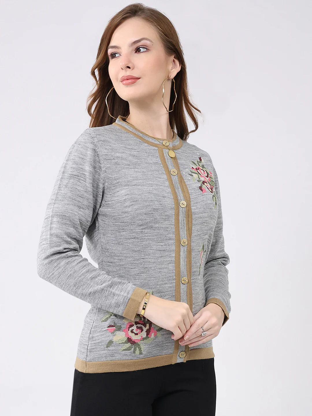 Women Grey Self Design Round Neck Full Sleeve Cardigan - Image 4