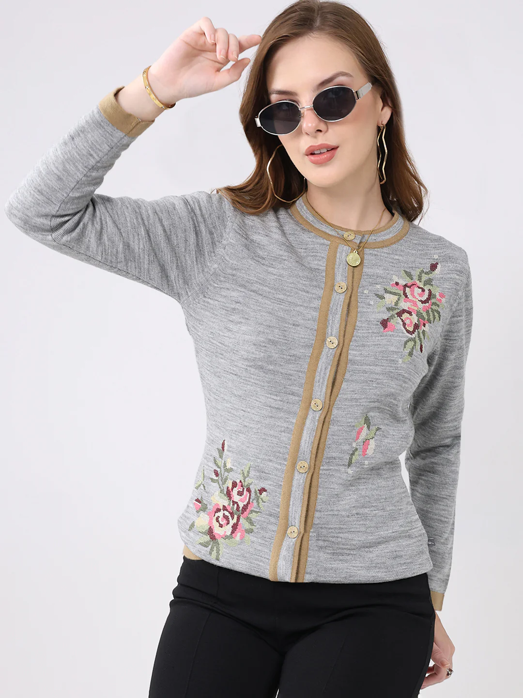 Women Grey Self Design Round Neck Full Sleeve Cardigan - Image 7