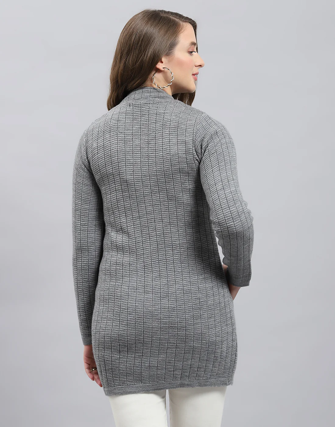 Women Grey Self Design Round Neck Full Sleeve Knitted coat - Image 5