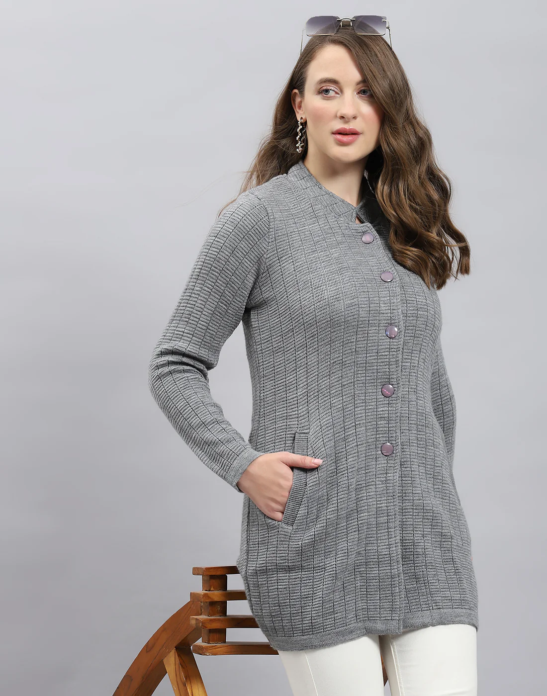 Women Grey Self Design Round Neck Full Sleeve Knitted coat - Image 6