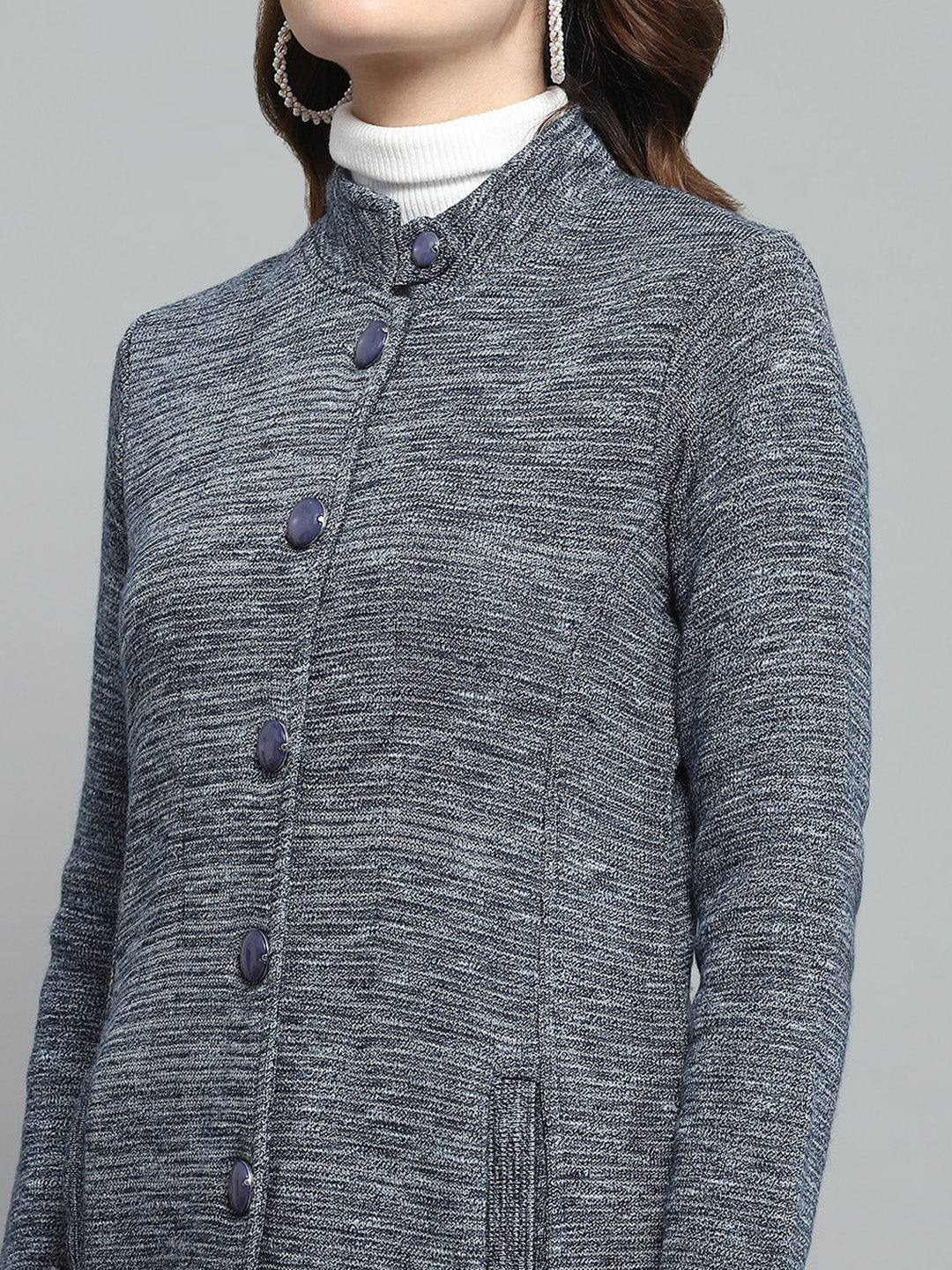 Women Grey Self Design Round Neck Full Sleeve Knitted Coat - Image 6
