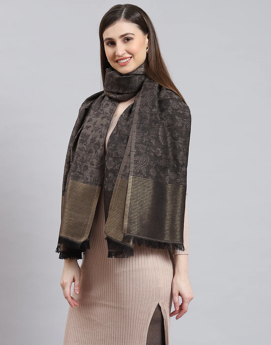 Women Grey Self Design Shawl - Image 3