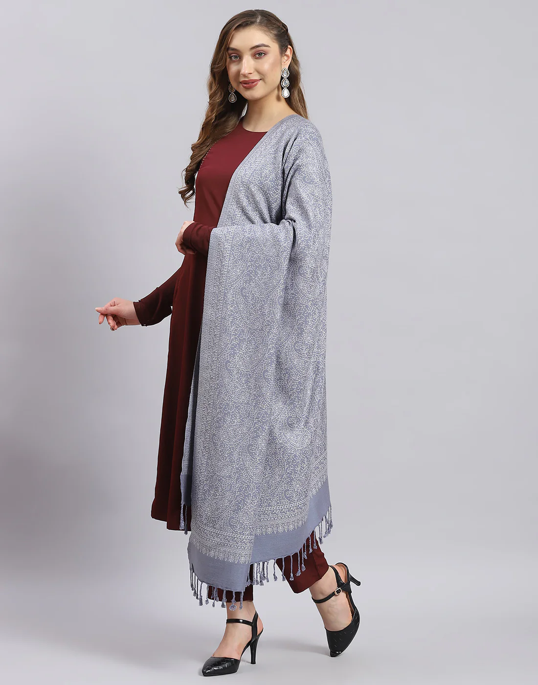 Women Grey Self Design Shawl - Image 3