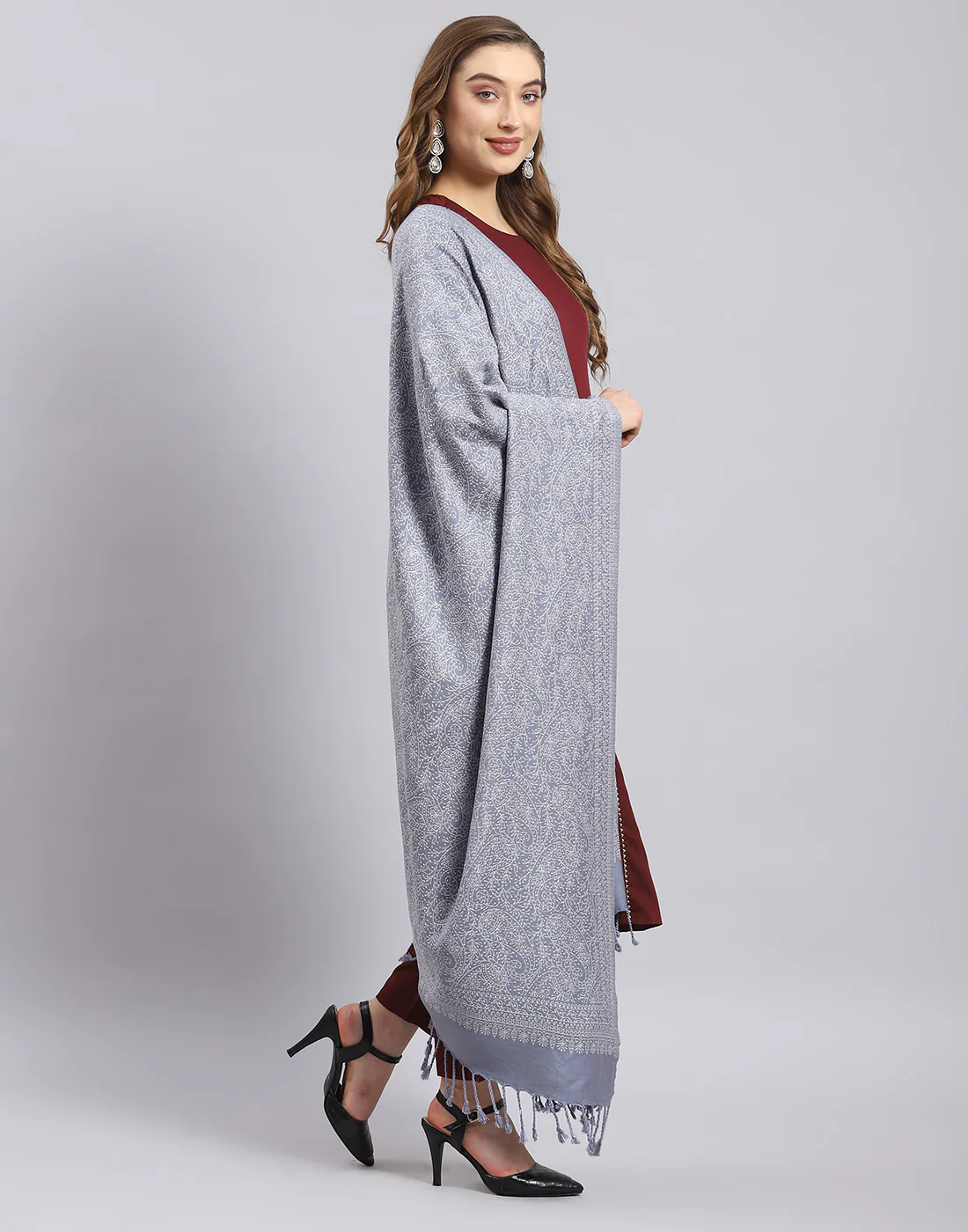Women Grey Self Design Shawl - Image 4