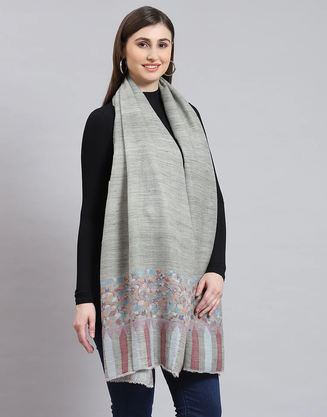 Women Grey Self Design Shawl - Image 5