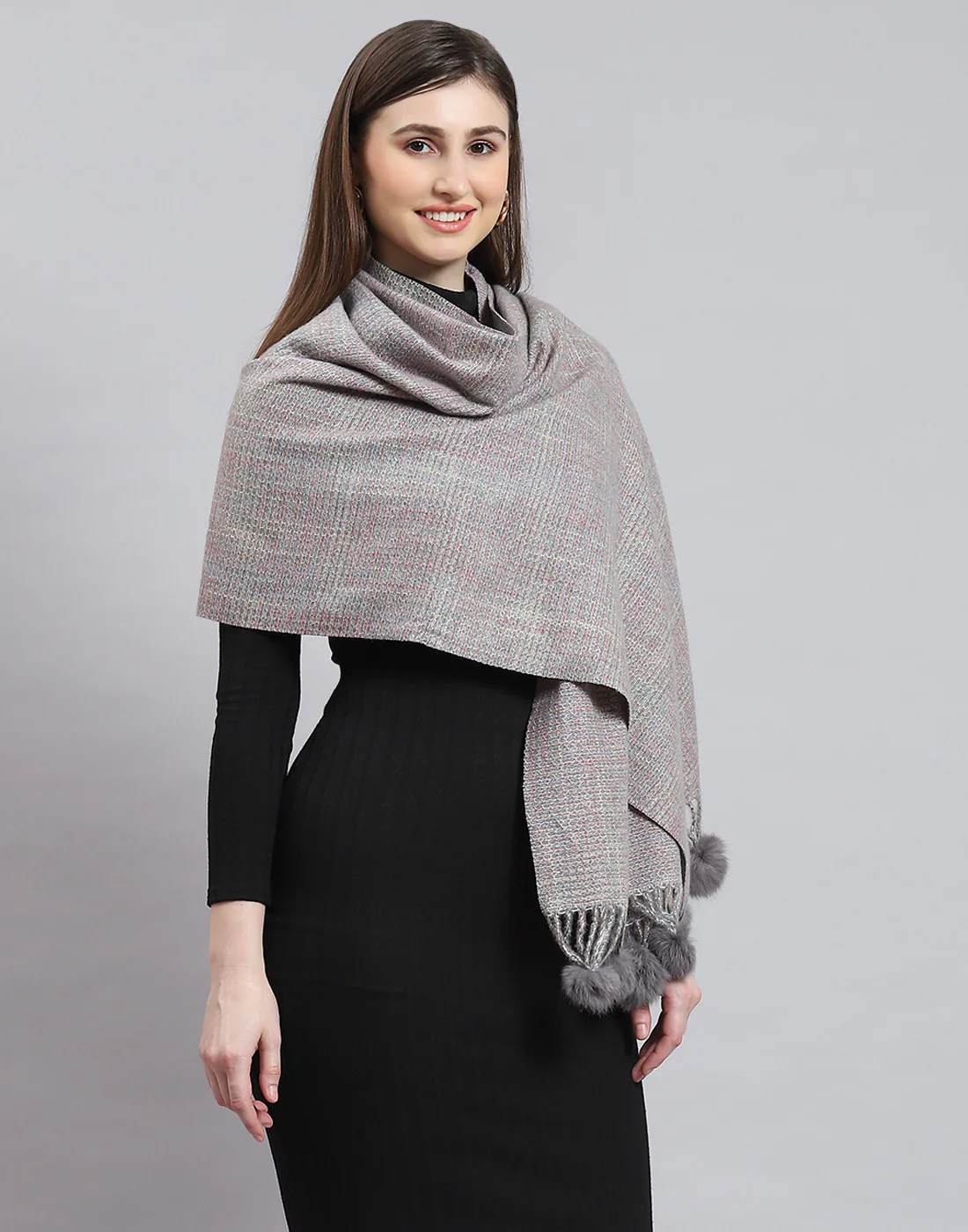 Women Grey Self Design Stole - Image 4