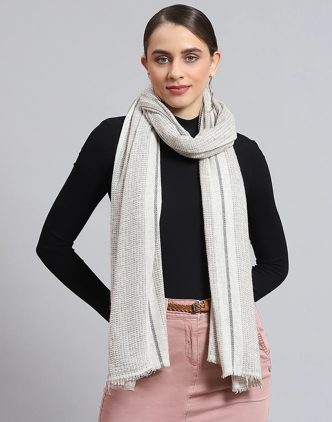 Women Grey Self Design Stole - Image 3