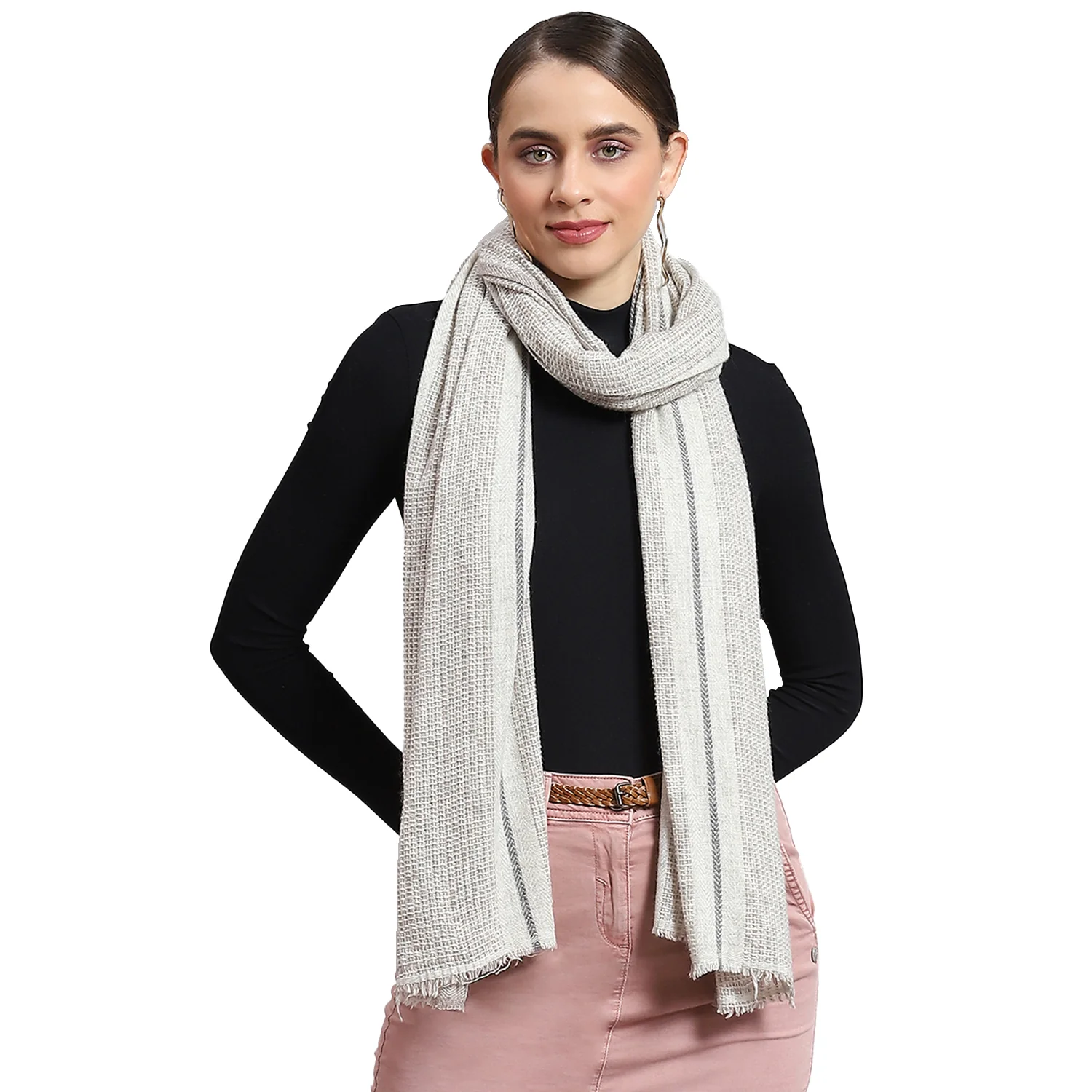 Women Grey Self Design Stole - Image 6