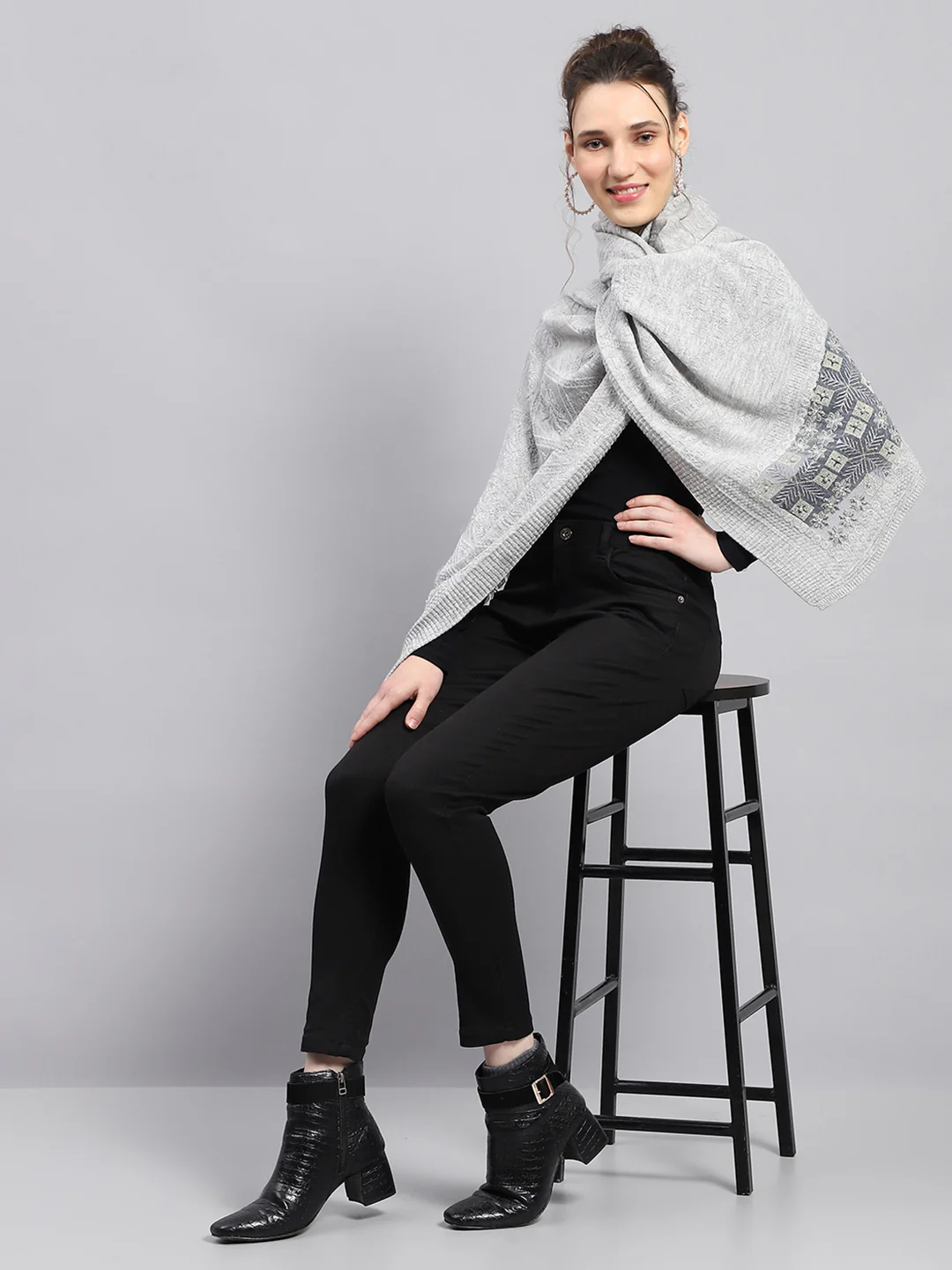 Women Grey Self Design Stole - Image 2