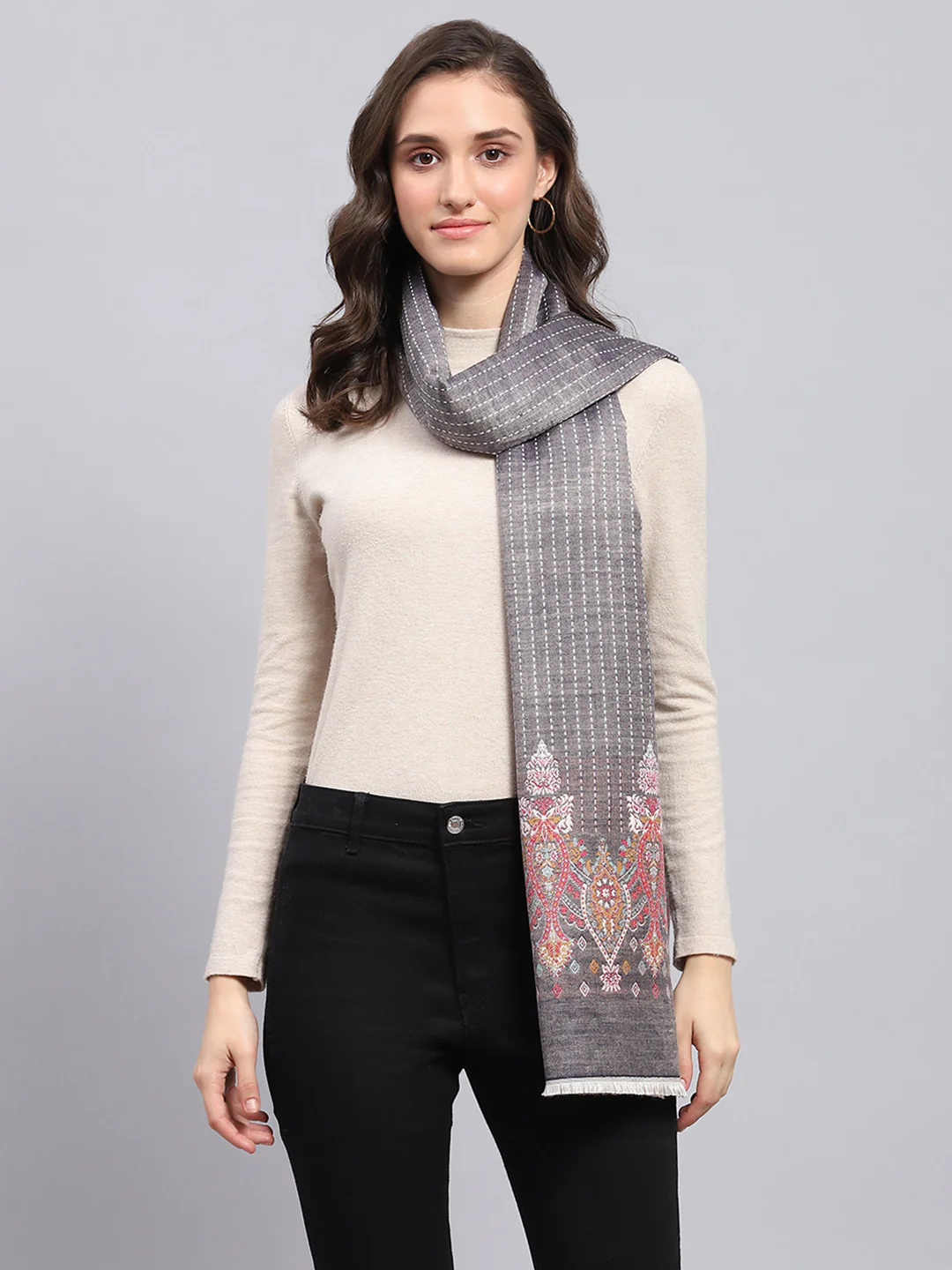 Women Grey Self Design Stole - Image 3