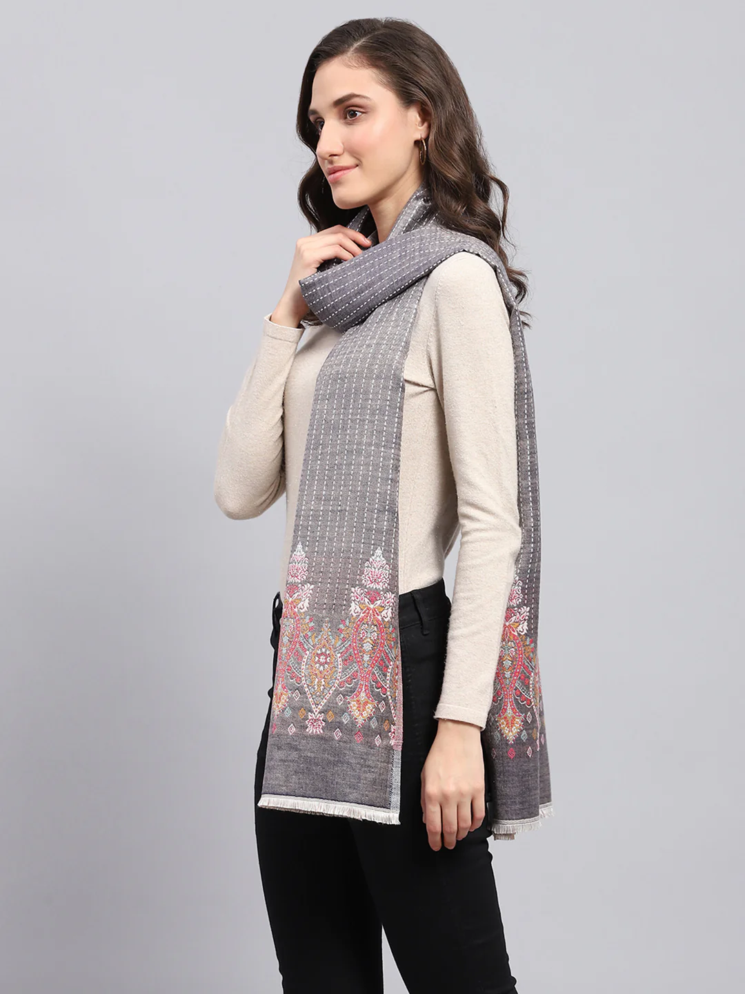 Women Grey Self Design Stole - Image 4