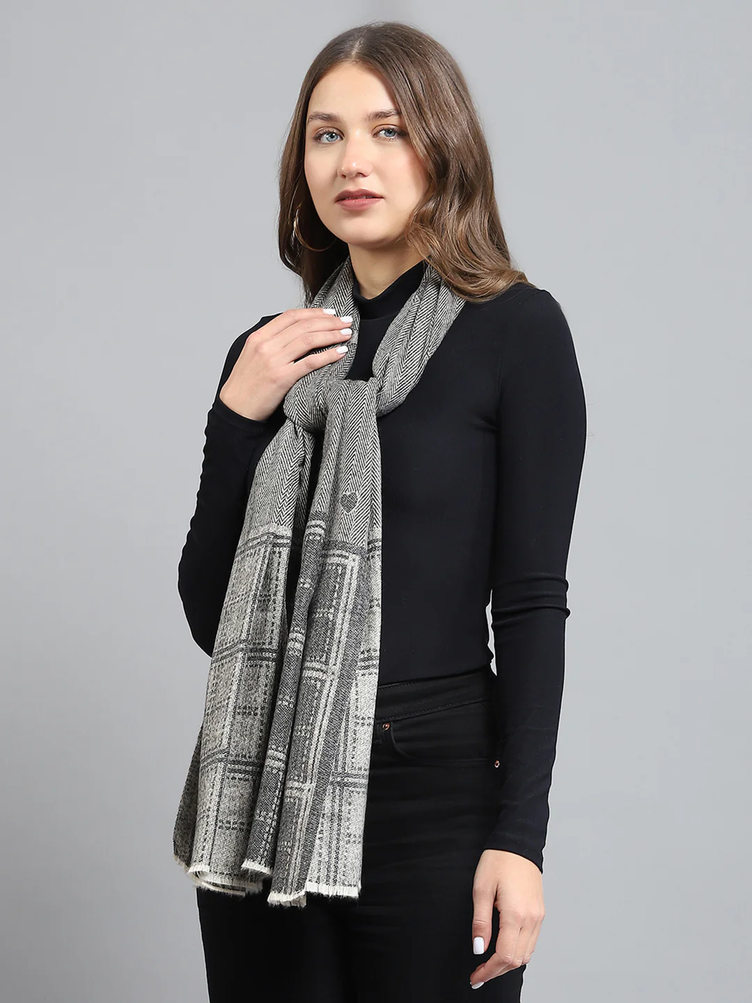 Women Grey Self Design Stole - Image 4
