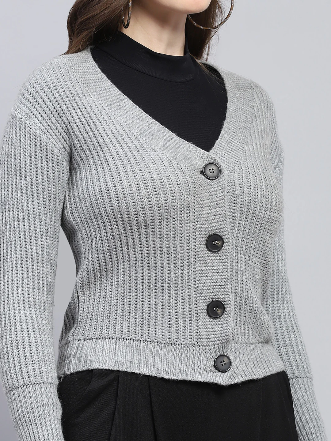 Women Grey Self Design V Neck Full Sleeve Cardigan - Image 6