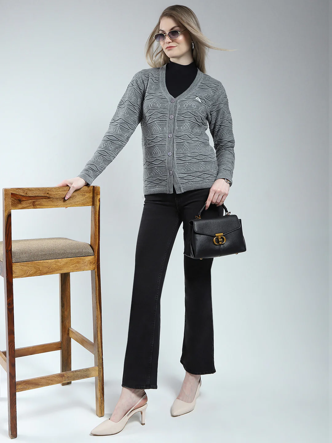 Women Grey Self Design V Neck Full Sleeve Cardigan - Image 2