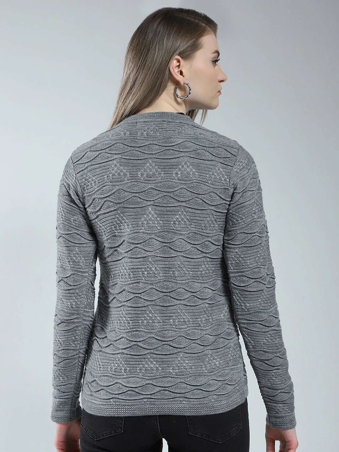 Women Grey Self Design V Neck Full Sleeve Cardigan - Image 5