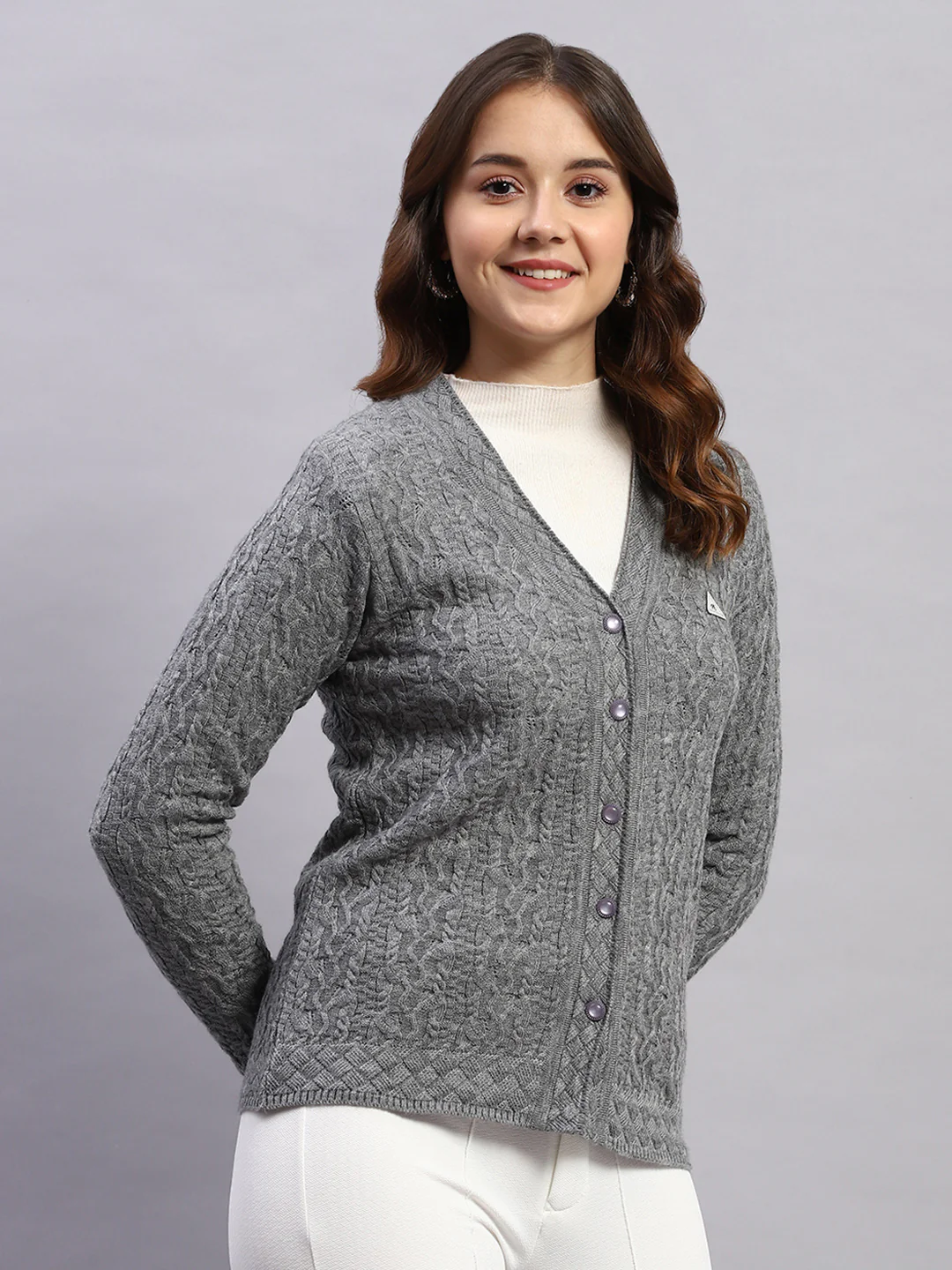 Women Grey Self Design V Neck Full Sleeve Cardigan - Image 4