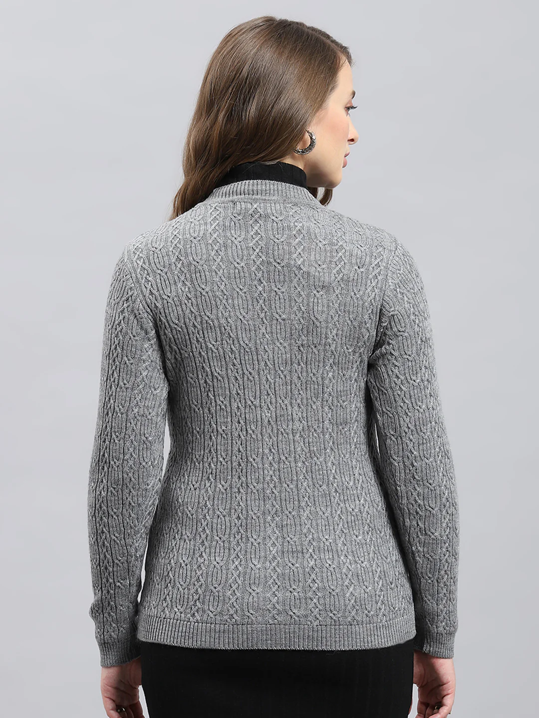 Women Grey Self Design V Neck Full Sleeve Cardigan - Image 4