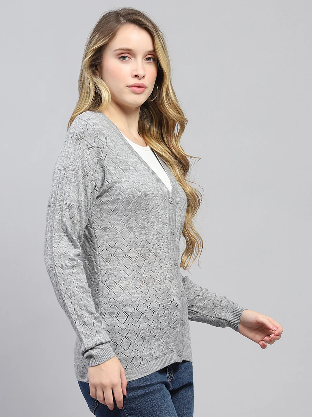 Women Grey Self Design V Neck Full Sleeve Cardigan - Image 4