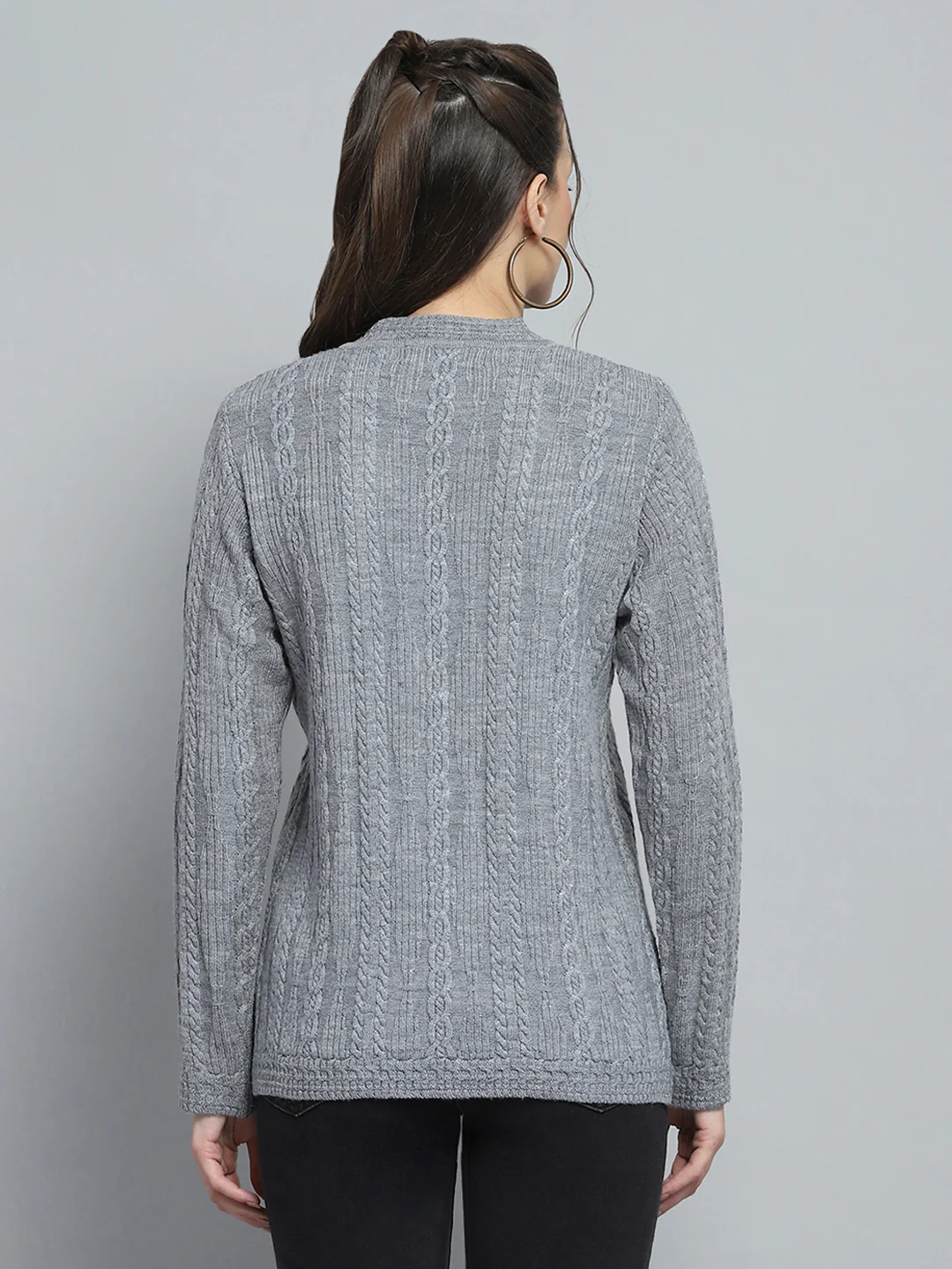 Women Grey Self Design V Neck Full Sleeve Cardigan - Image 5