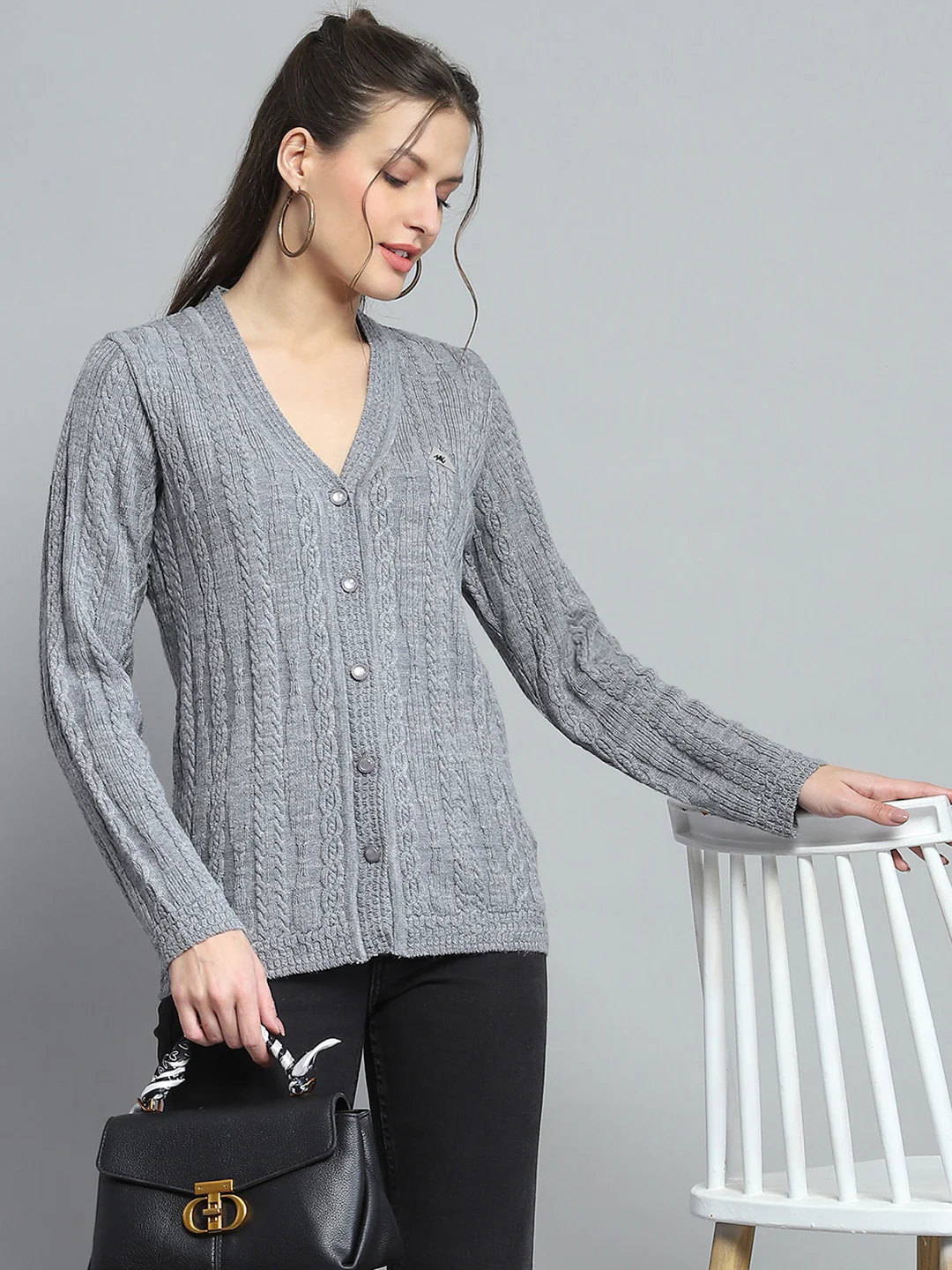 Women Grey Self Design V Neck Full Sleeve Cardigan - Image 6
