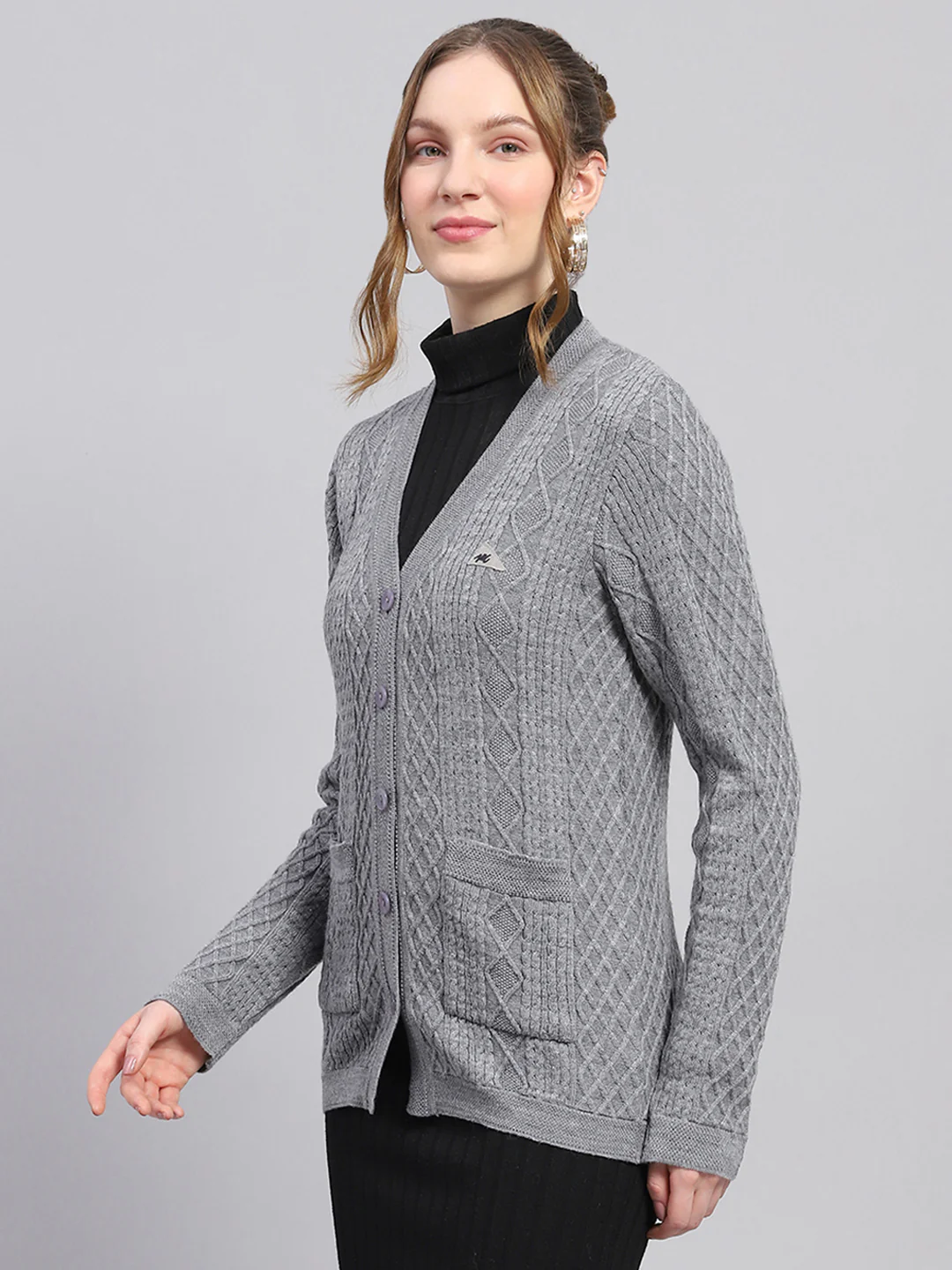 Women Grey Self Design V Neck Full Sleeve Cardigan - Image 3