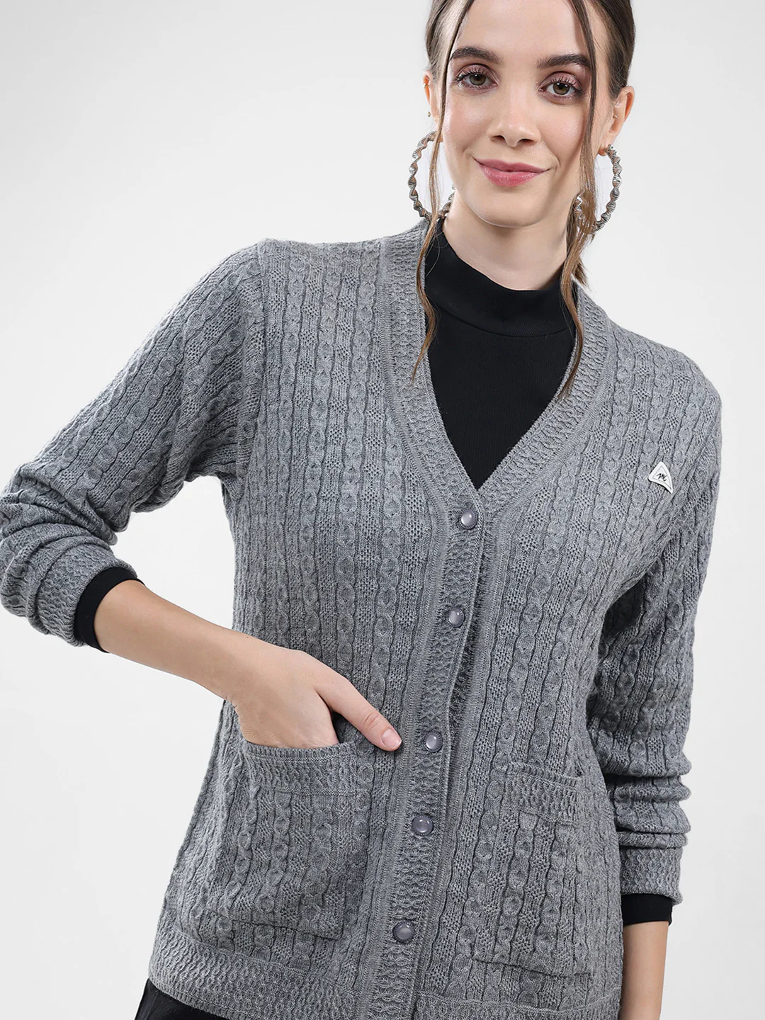 Women Grey Self Design V Neck Full Sleeve Cardigan - Image 7