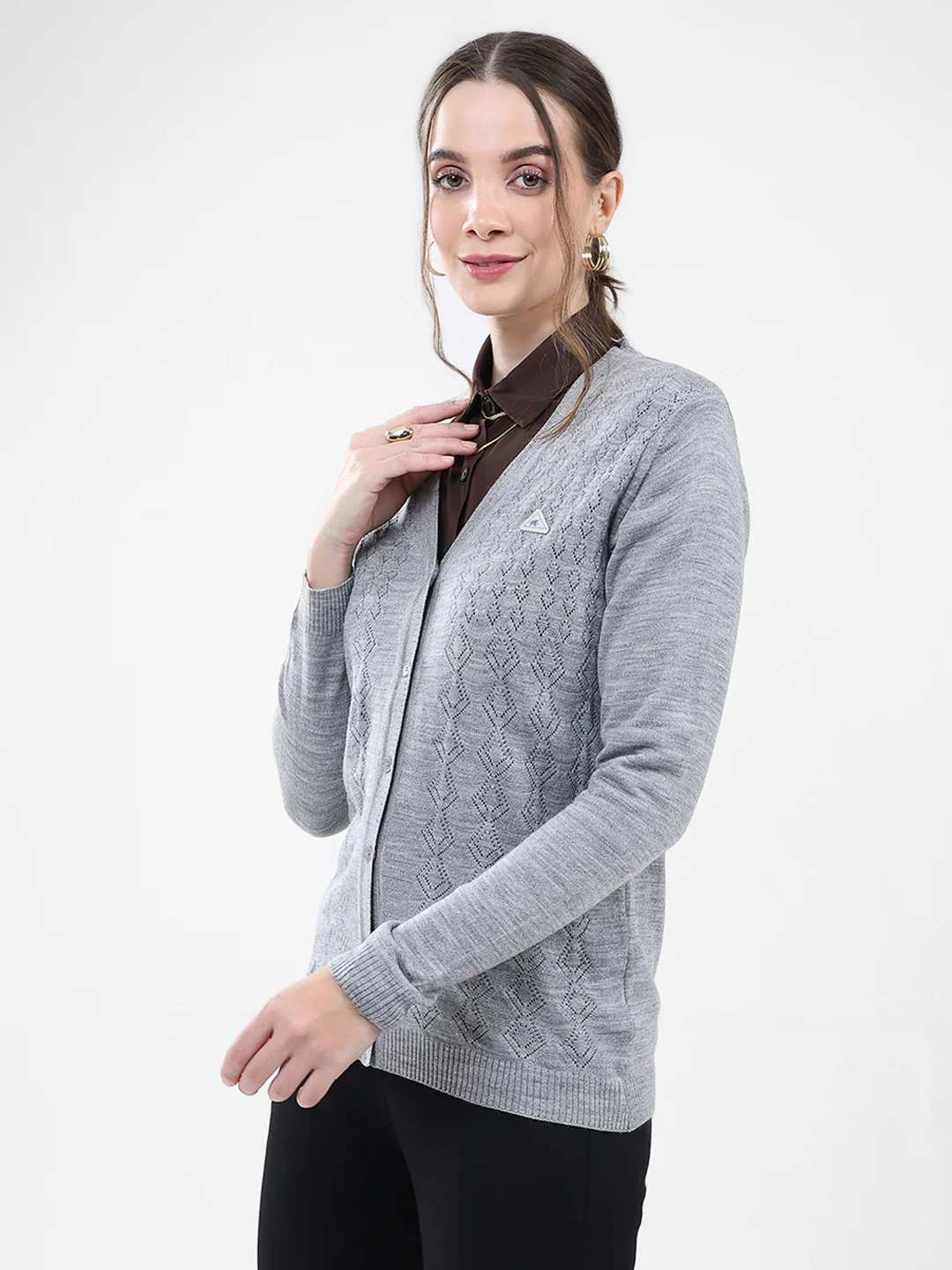 Women Grey Self Design V Neck Full Sleeve Cardigan - Image 3