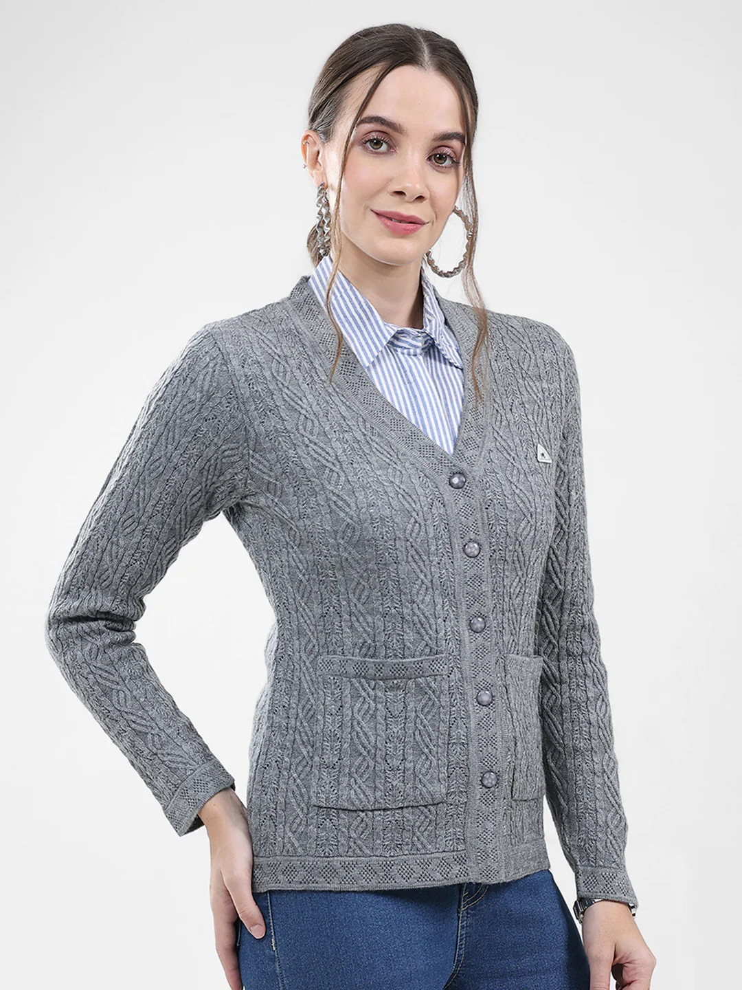 Women Grey Self Design V Neck Full Sleeve Cardigan - Image 4