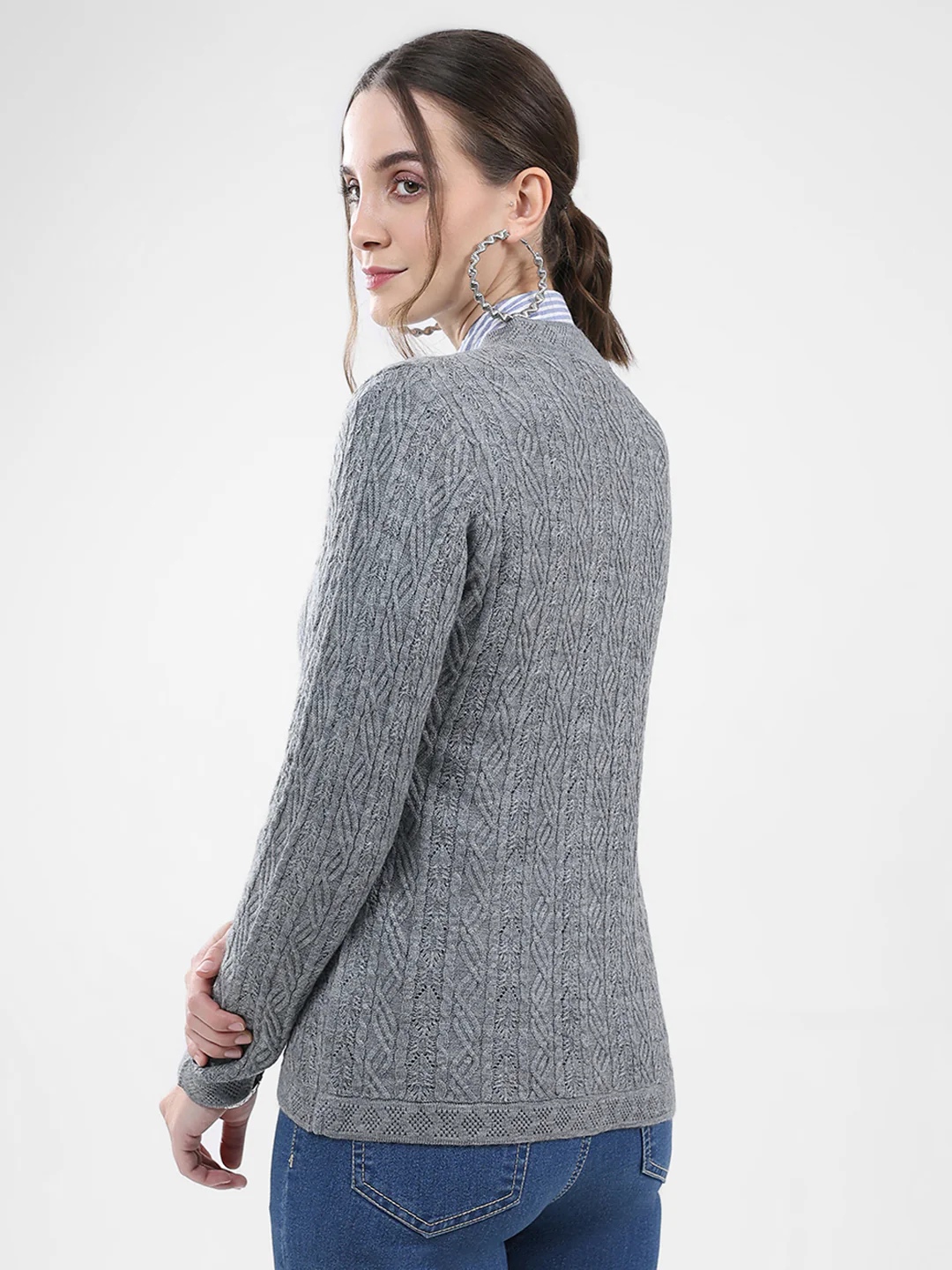 Women Grey Self Design V Neck Full Sleeve Cardigan - Image 5