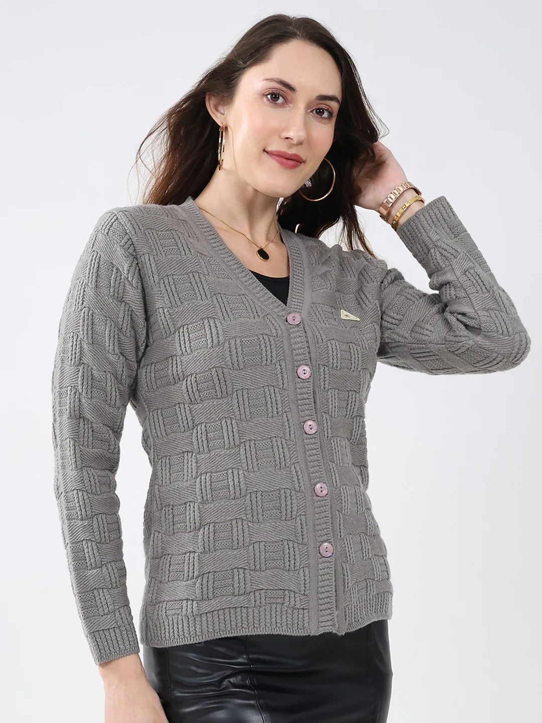 Women Grey Self Design V Neck Full Sleeve Cardigan - Image 4