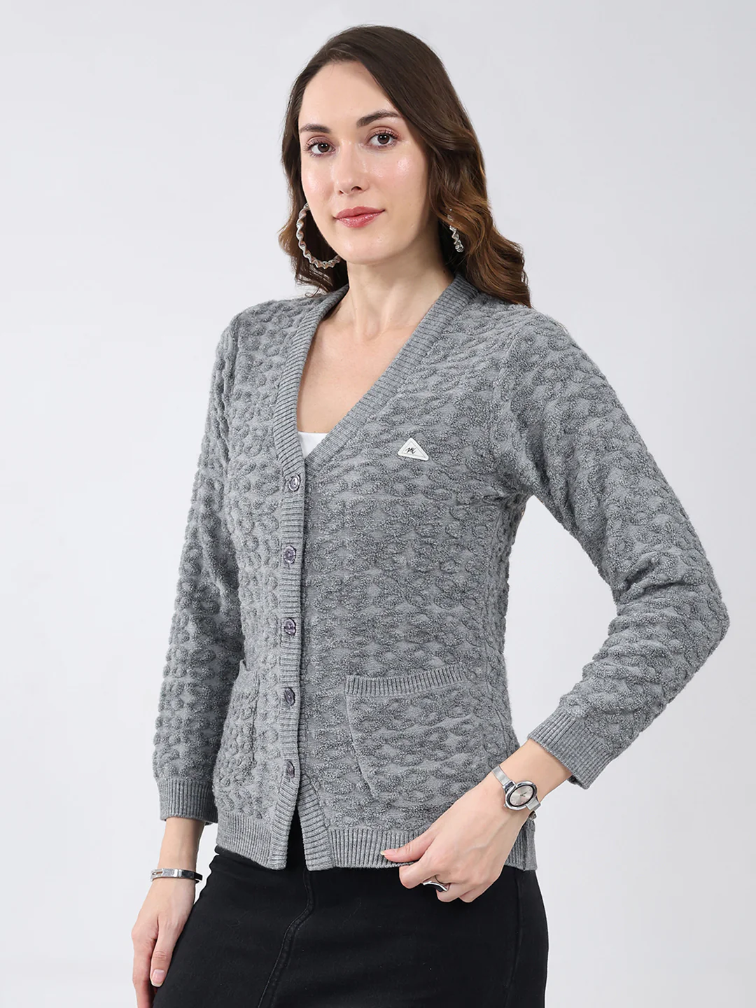 Women Grey Self Design V Neck Full Sleeve Cardigan - Image 3