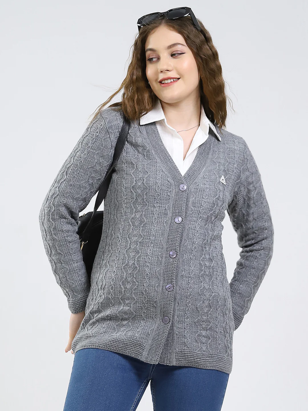 Women Grey Self Design V Neck Full Sleeve Cardigan - Image 6