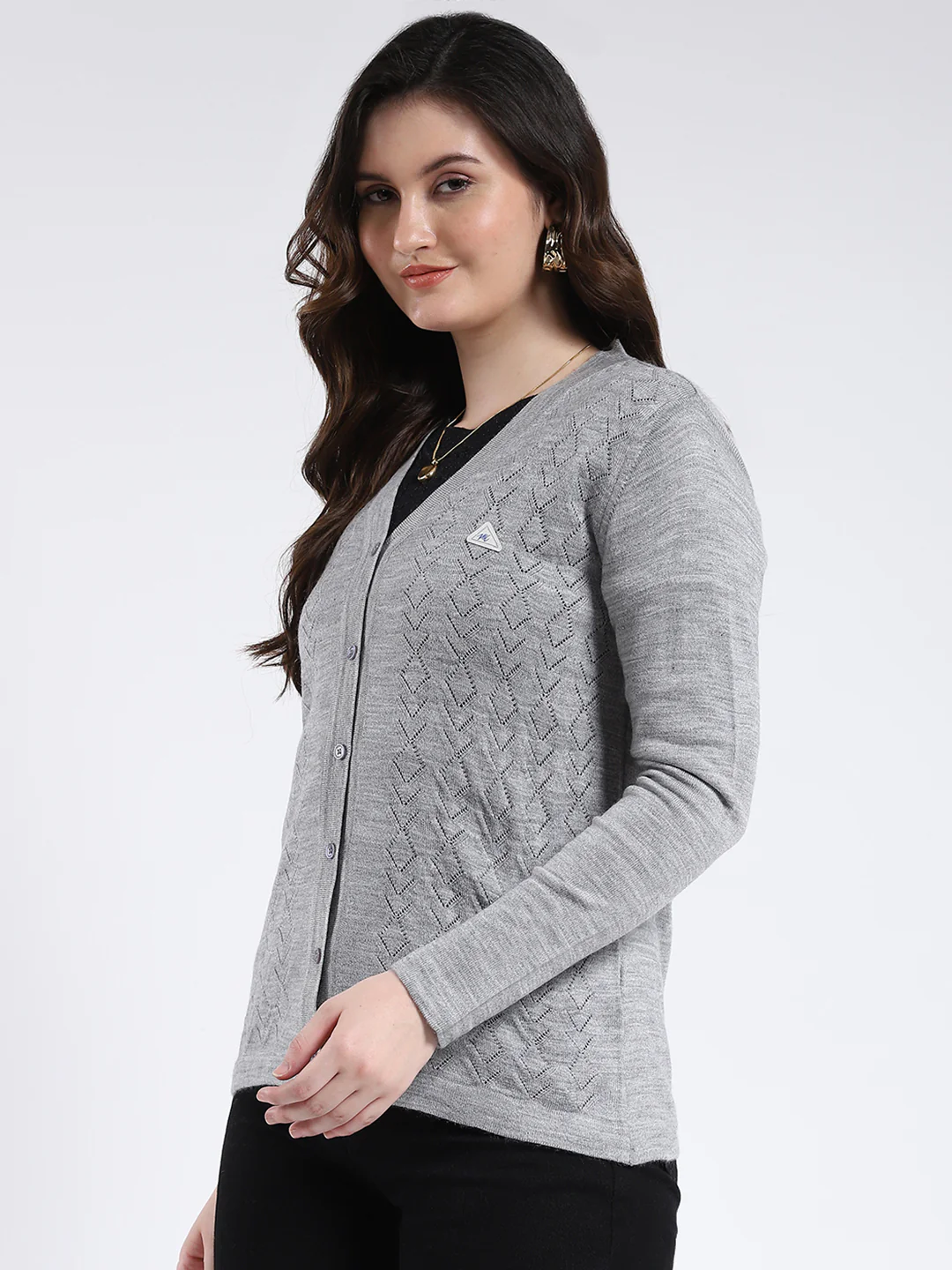 Women Grey Self Design V Neck Full Sleeve Cardigan - Image 3