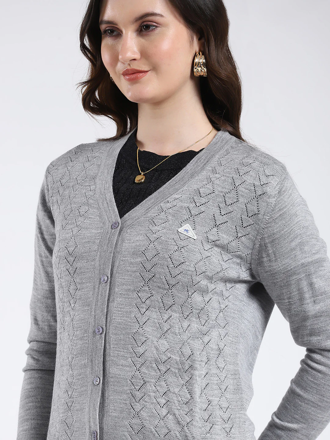 Women Grey Self Design V Neck Full Sleeve Cardigan - Image 6