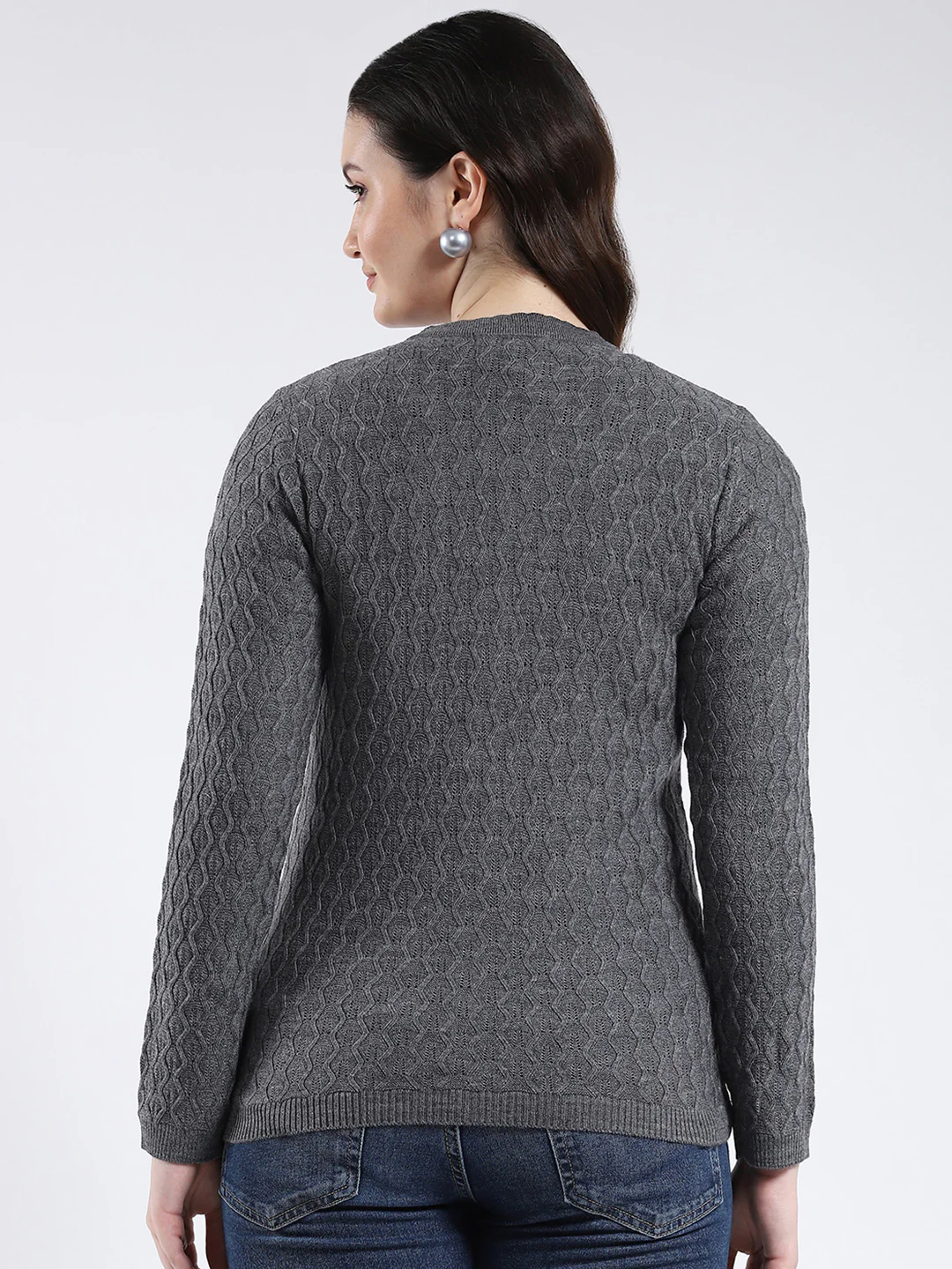 Women Grey Self Design V Neck Full Sleeve Cardigan - Image 5