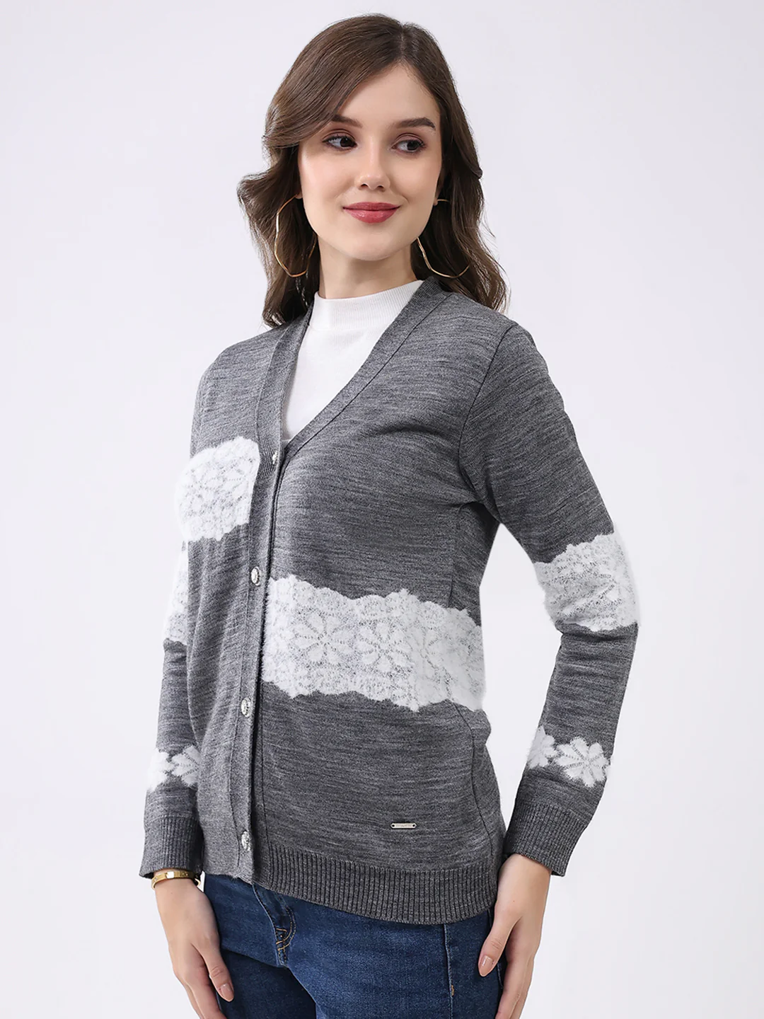 Women Grey Self Design V Neck Full Sleeve Cardigan - Image 3
