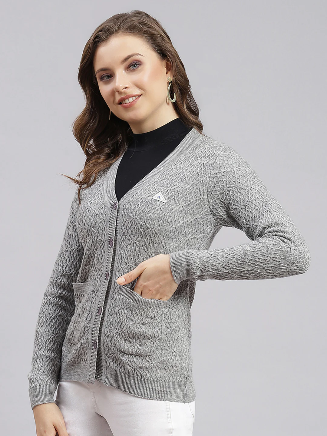 Women Grey Self Design Wool blend Cardigan - Image 3
