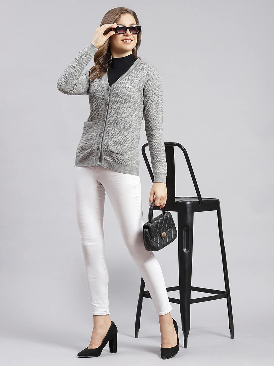 Women Grey Self Design Wool blend Cardigan - Image 5