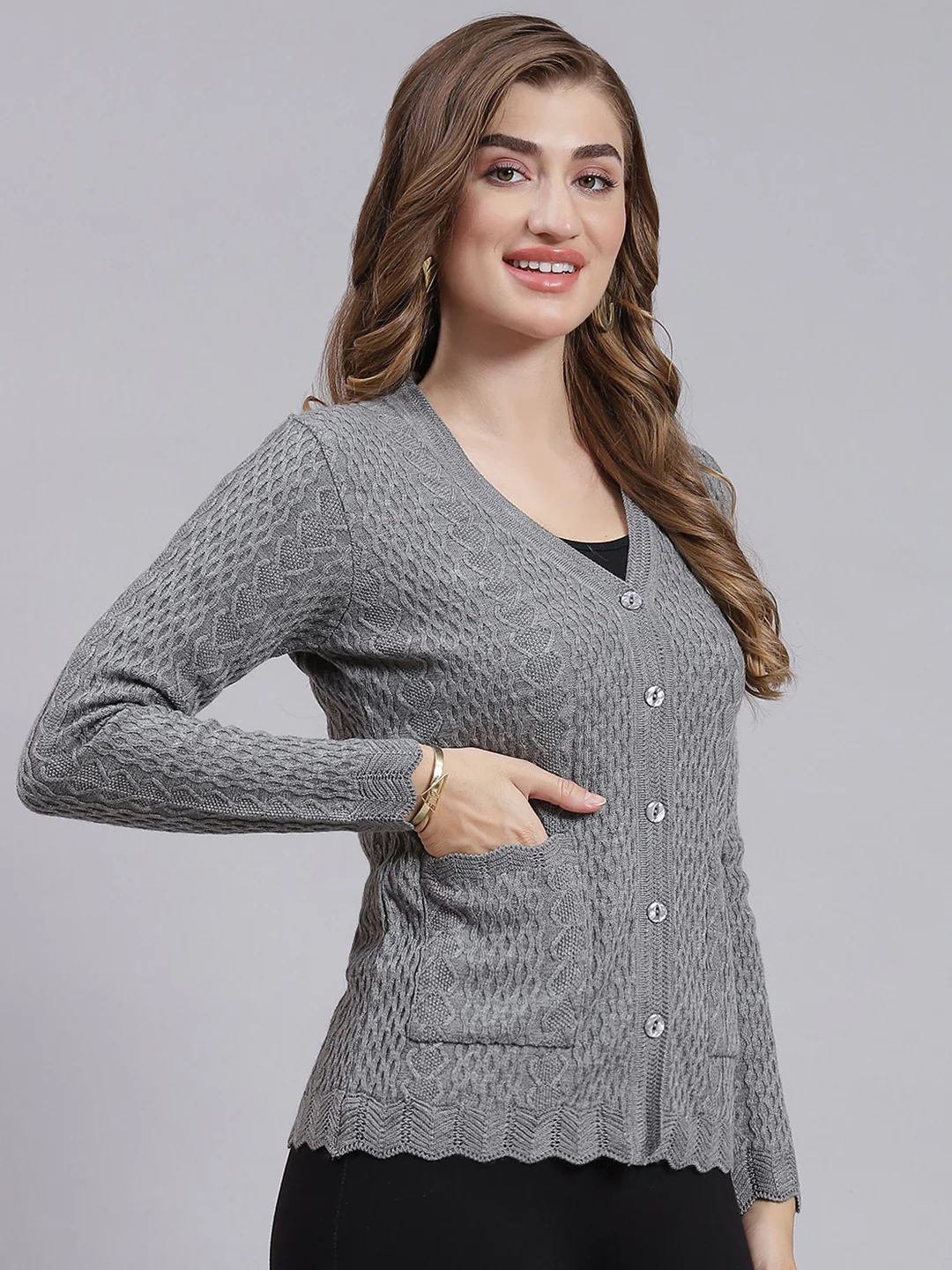 Women Grey Self Design Wool blend Cardigan - Image 2