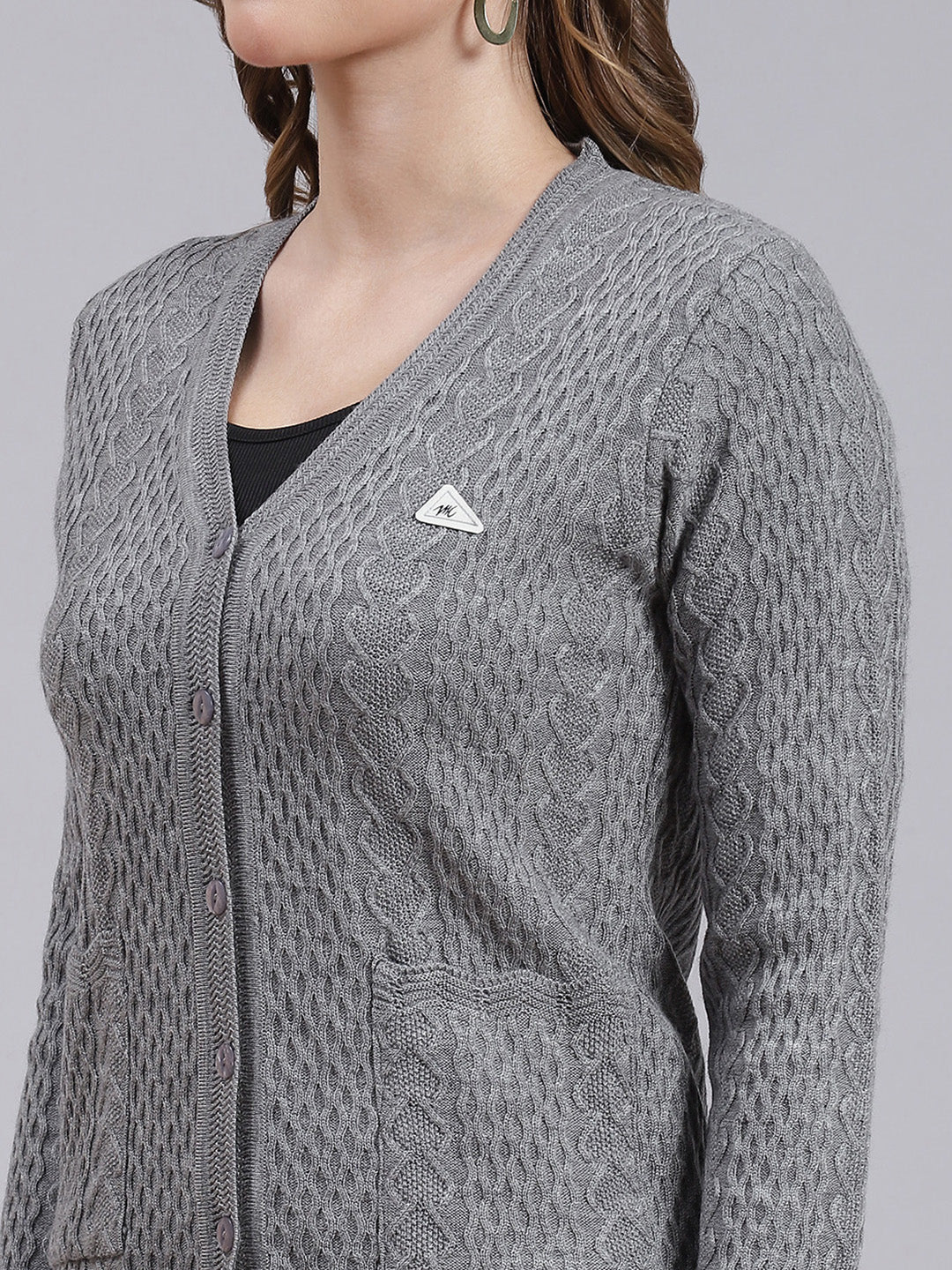 Women Grey Self Design Wool blend Cardigan - Image 6