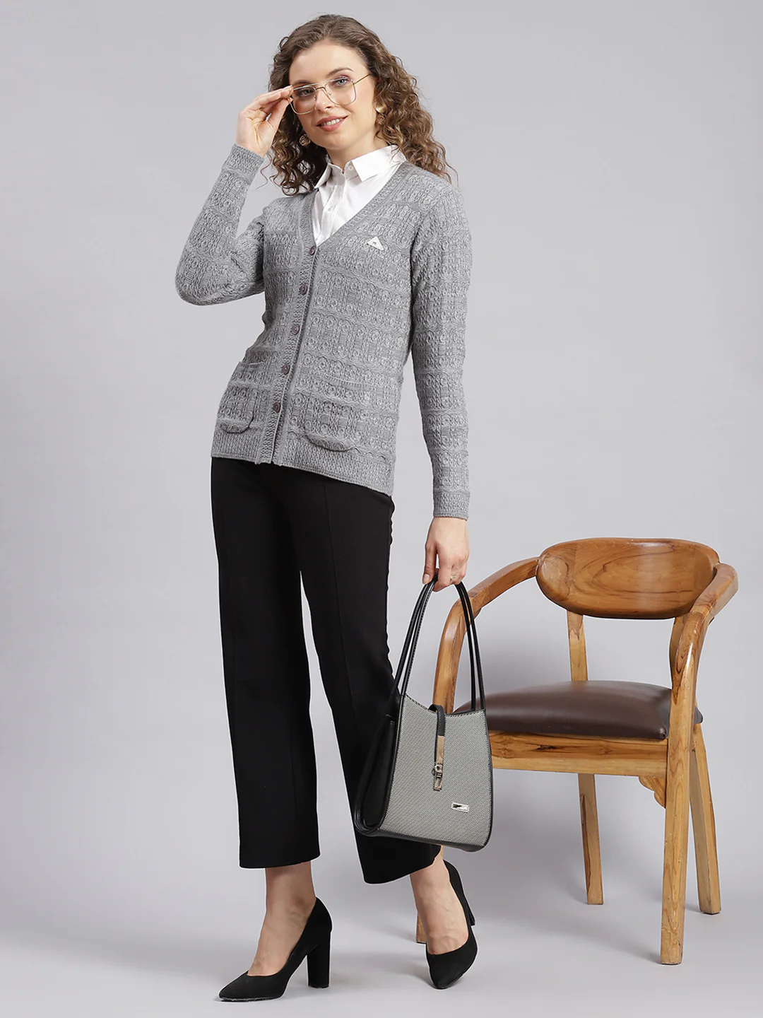 Women Grey Self Design Wool blend Cardigan - Image 5