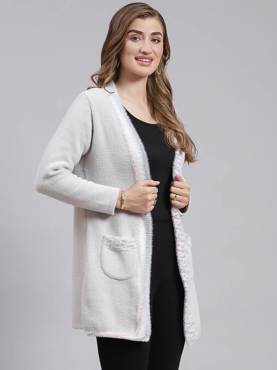 Women Grey Self Design Wool blend Cardigan - Image 3